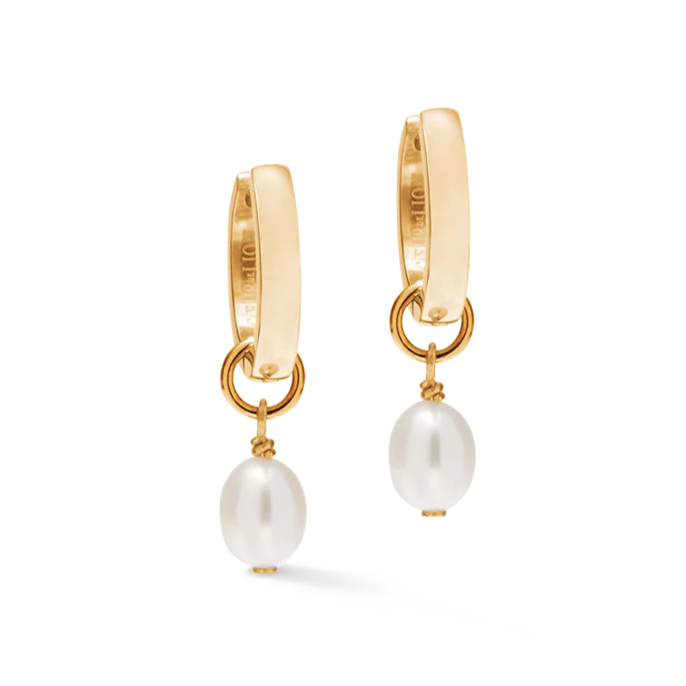 Gold hoop earrings with pearl drops on a white background